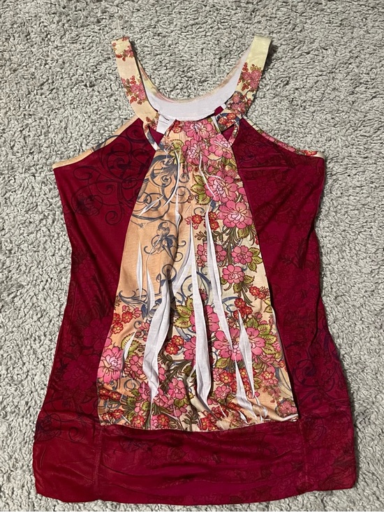 Daytrip Tops - Vintage Daytrip Burgundy Floral Multi-Panel Halter Y2K Tank
